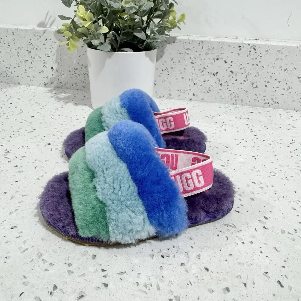 Baby UGG Fluff Yeah Slide in a rainbow colorway Size 7